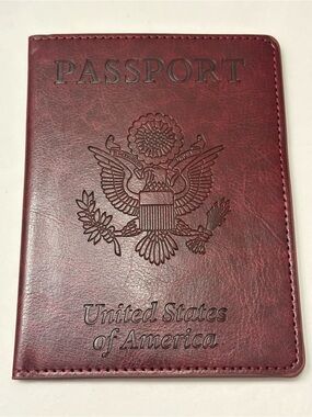 NEW Burgundy Vegan Leather Passport Holder Embossed Document Window Wine Merlot